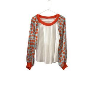 Les Femmes Small Floral Raglan Long Sleeve Top Teal Orange Knit Blouse Boho